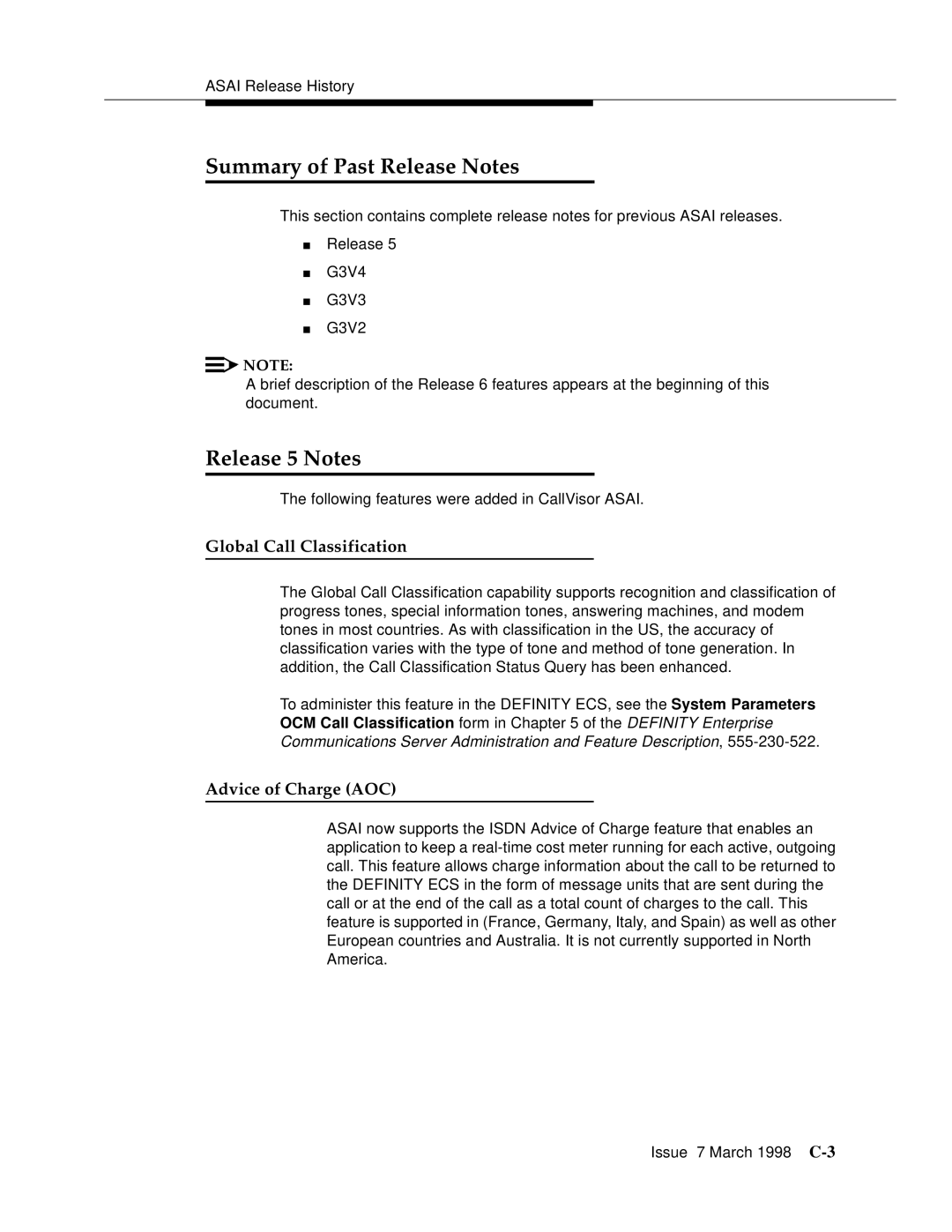 Lucent Technologies 555-230-220 manual Summary of Past Release Notes, Release 5 Notes, Global Call Classification 