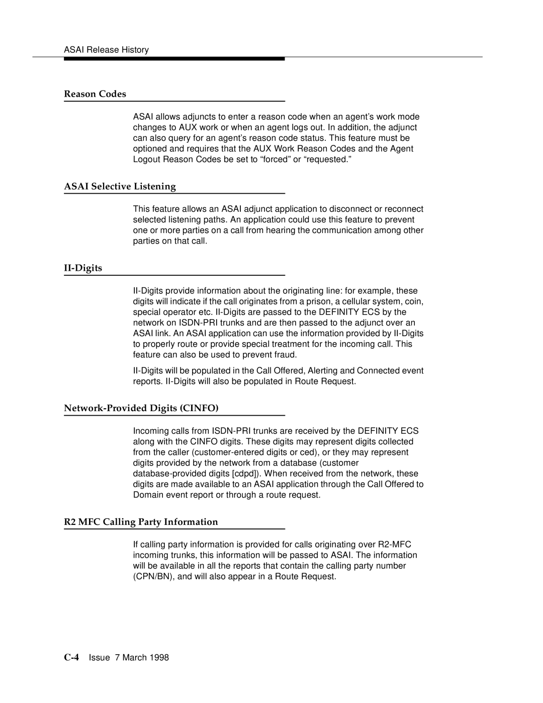 Lucent Technologies 555-230-220 manual Reason Codes, Asai Selective Listening, II-Digits, Network-Provided Digits Cinfo 