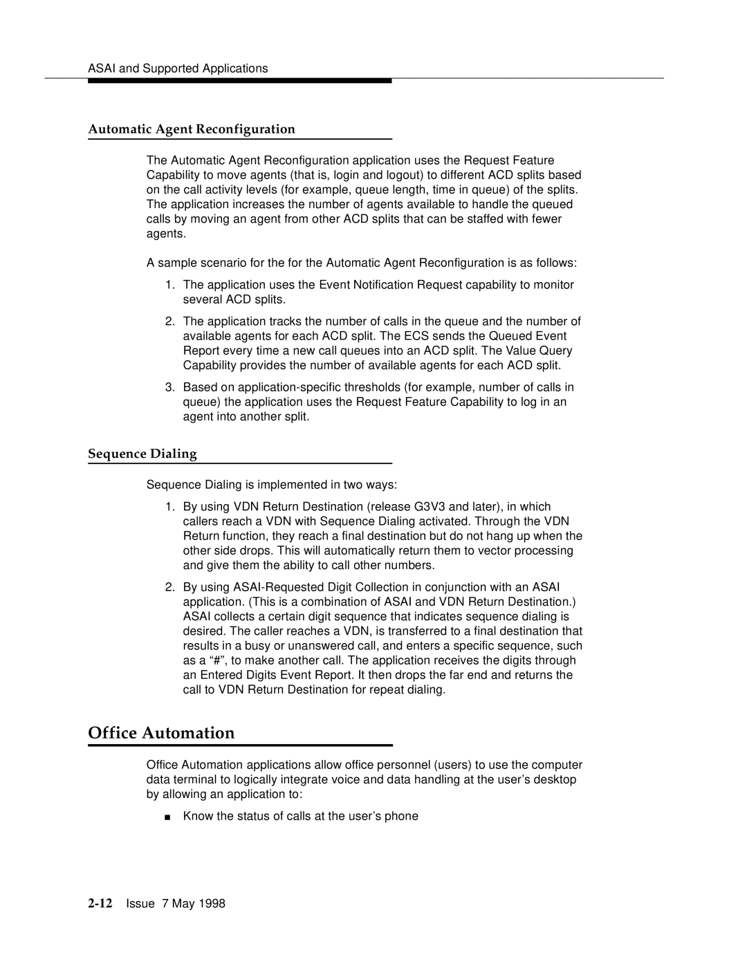 Lucent Technologies 555-230-220 manual Office Automation, Automatic Agent Reconfiguration, Sequence Dialing 