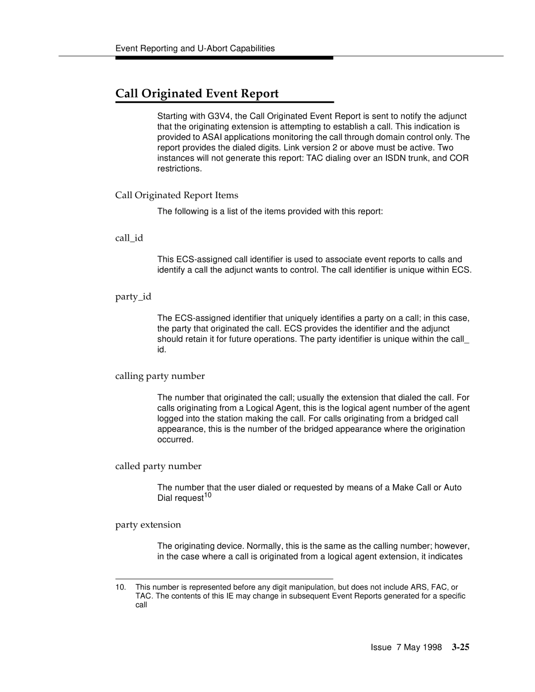 Lucent Technologies 555-230-220 manual Call Originated Event Report, Call Originated Report Items, Party extension 