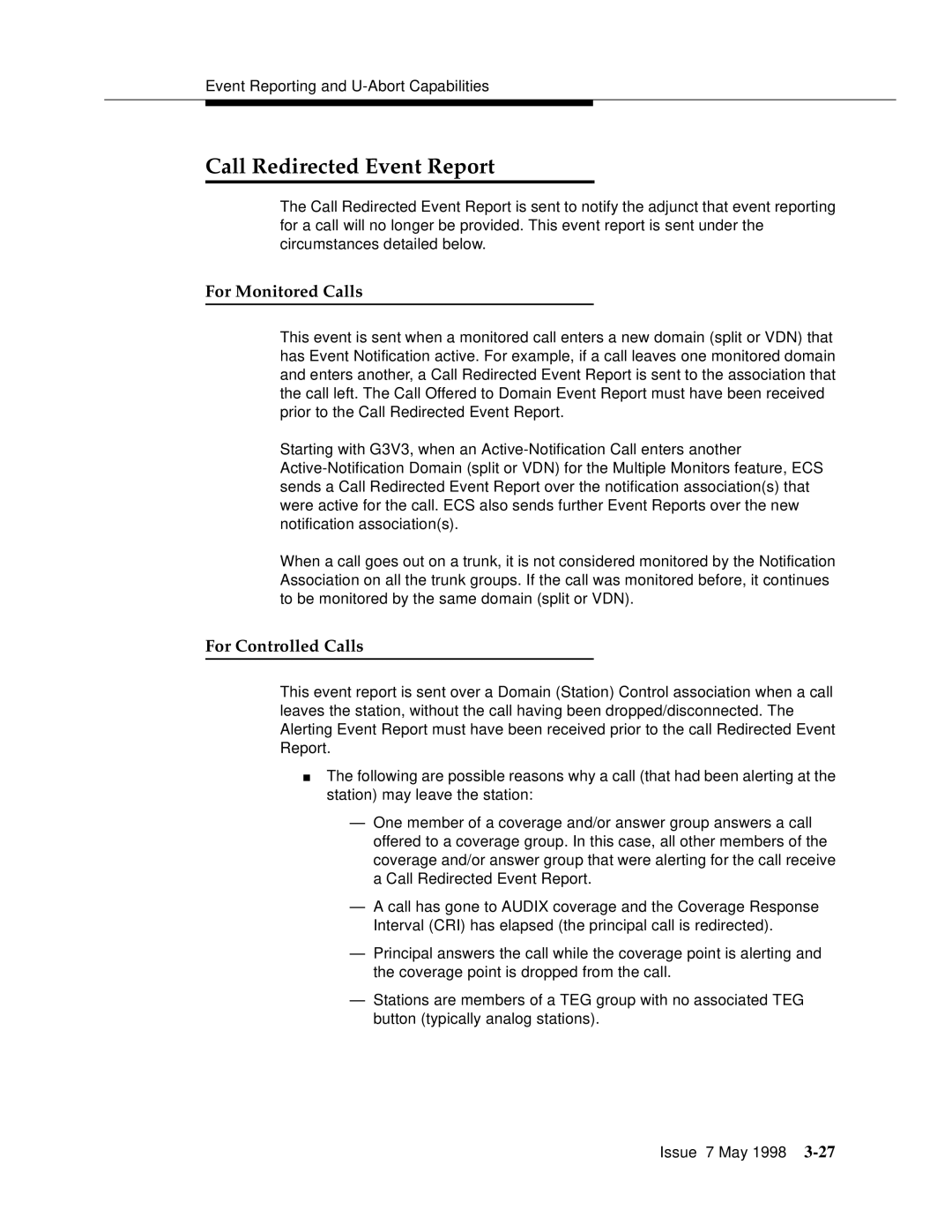 Lucent Technologies 555-230-220 manual Call Redirected Event Report, For Monitored Calls, For Controlled Calls 