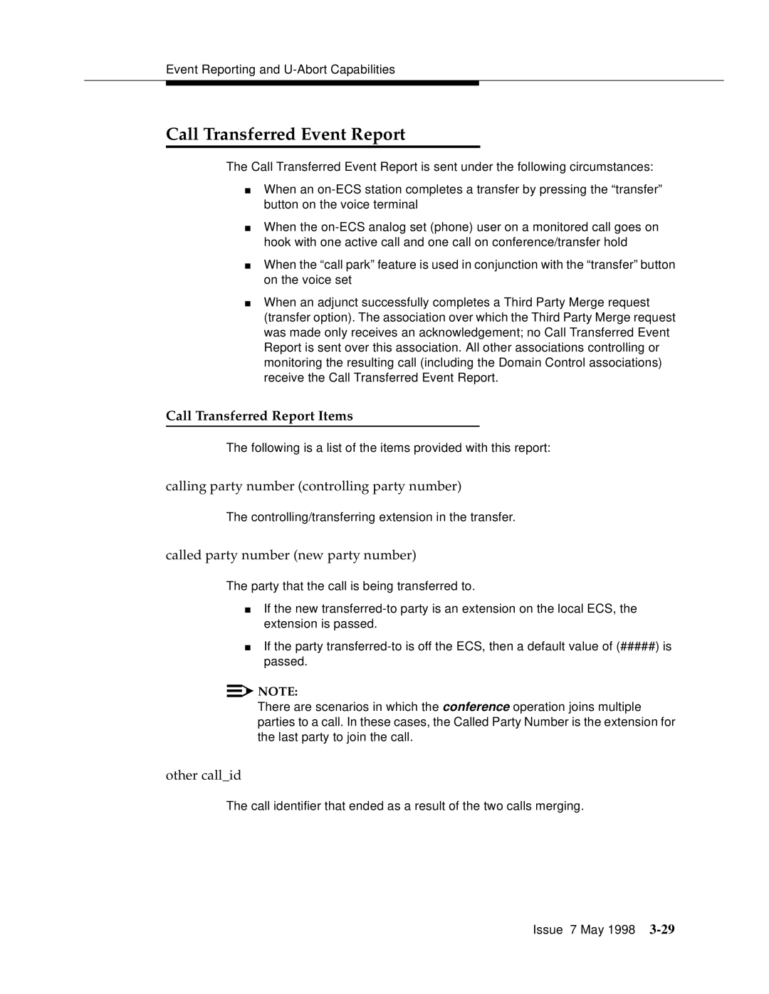 Lucent Technologies 555-230-220 manual Call Transferred Event Report, Call Transferred Report Items, Other callid 