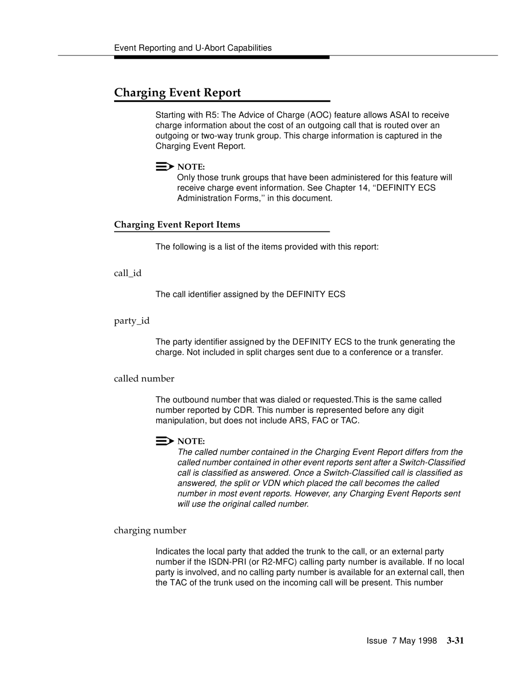 Lucent Technologies 555-230-220 manual Charging Event Report Items, Called number, Charging number 