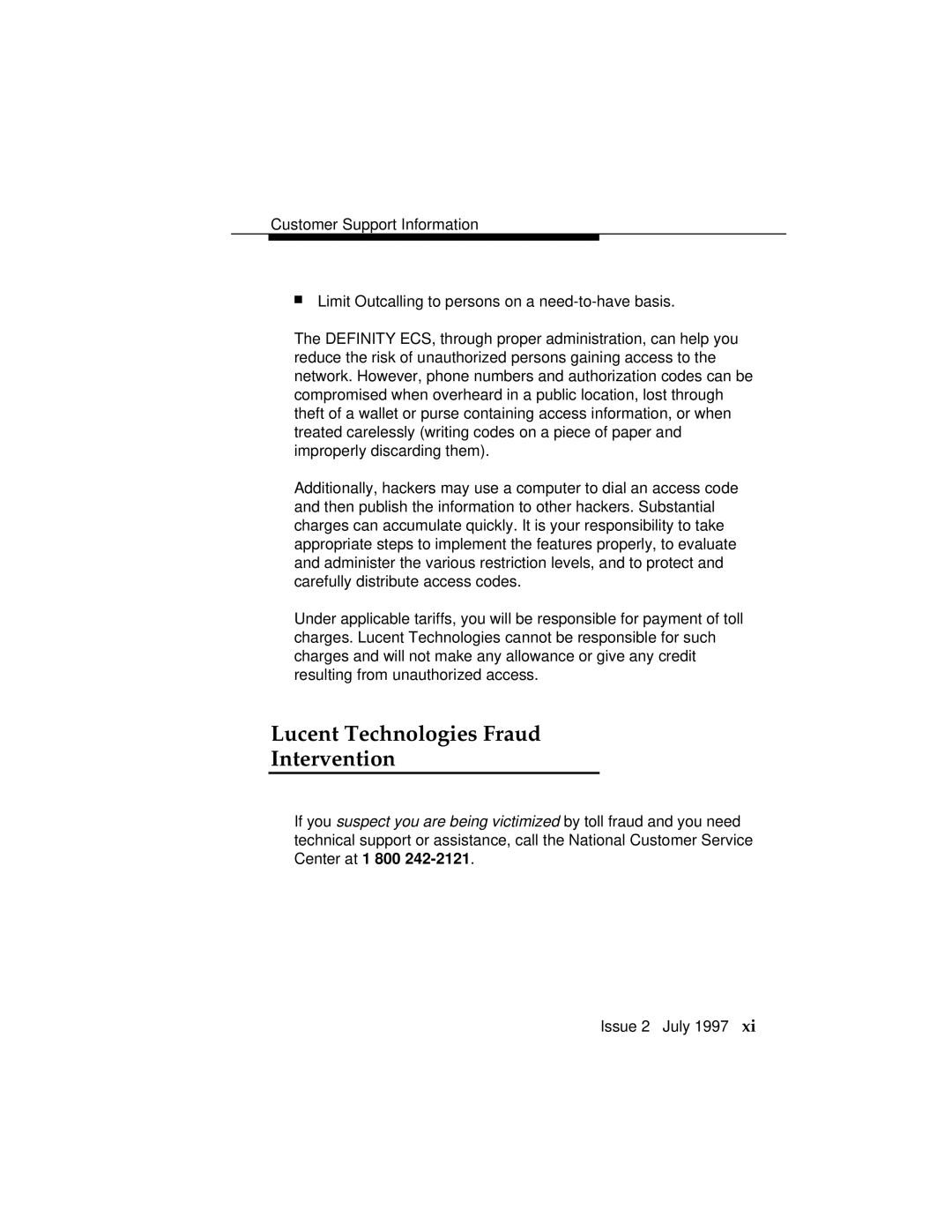 Lucent Technologies 555-230-796 manual Lucent Technologies Fraud Intervention 