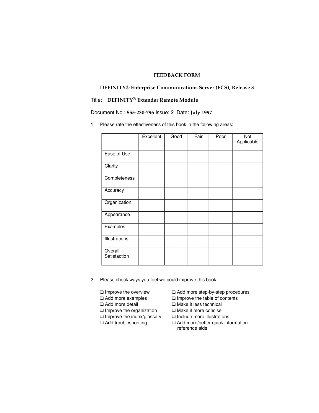 Lucent Technologies 555-230-796 manual Feedback Form 