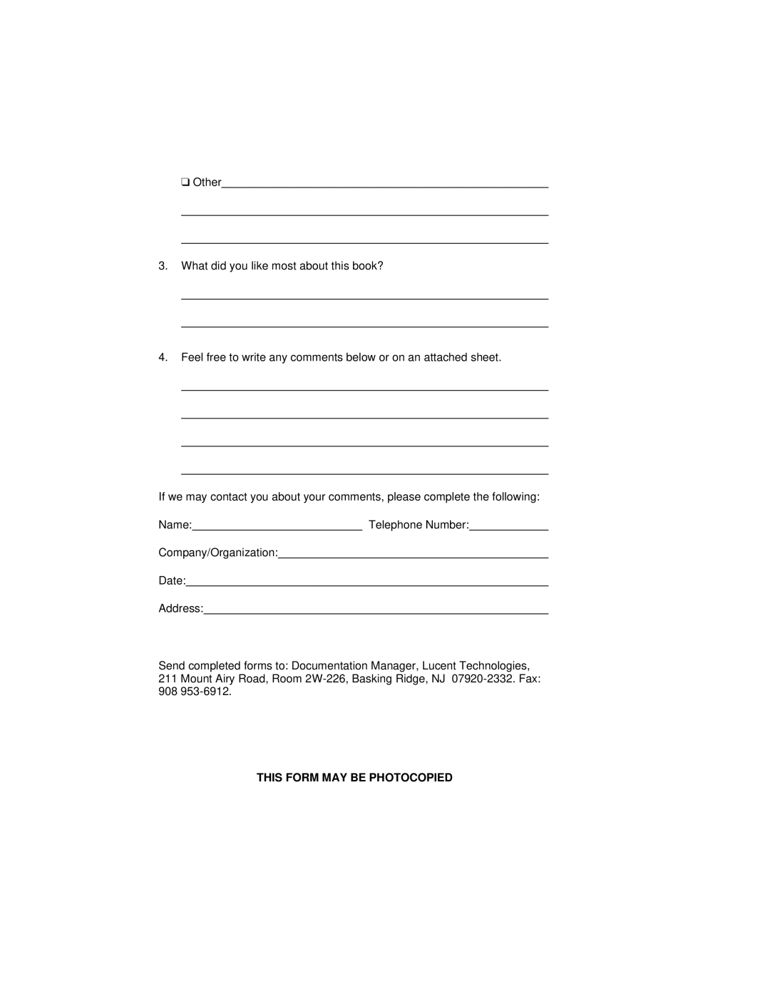 Lucent Technologies 555-230-796 manual This Form MAY be Photocopied 