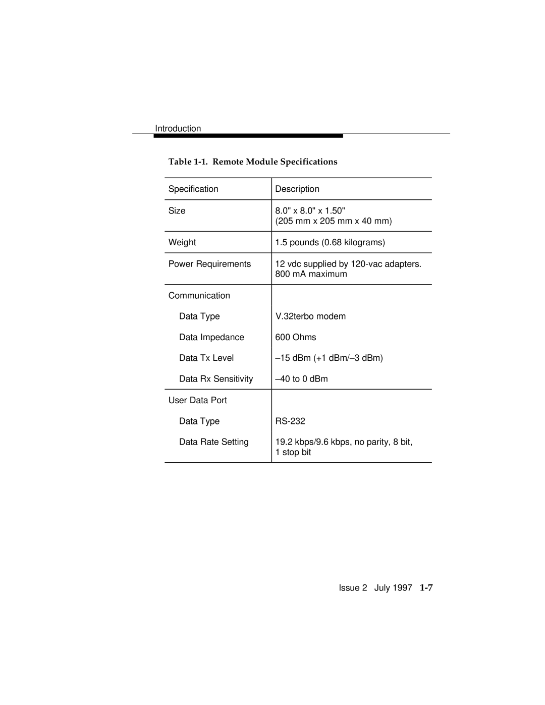 Lucent Technologies 555-230-796 manual Remote Module Specifications 