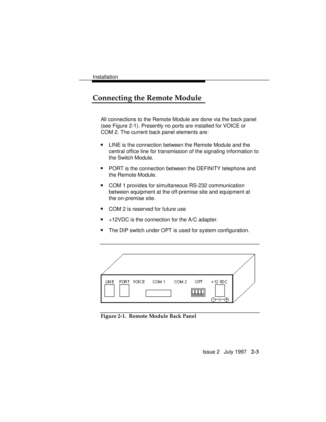 Lucent Technologies 555-230-796 manual Connecting the Remote Module, Remote Module Back Panel 