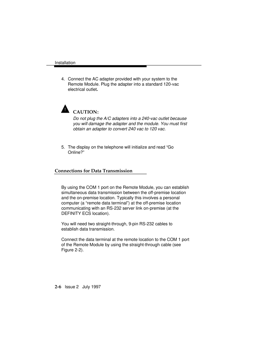 Lucent Technologies 555-230-796 manual Connections for Data Transmission 