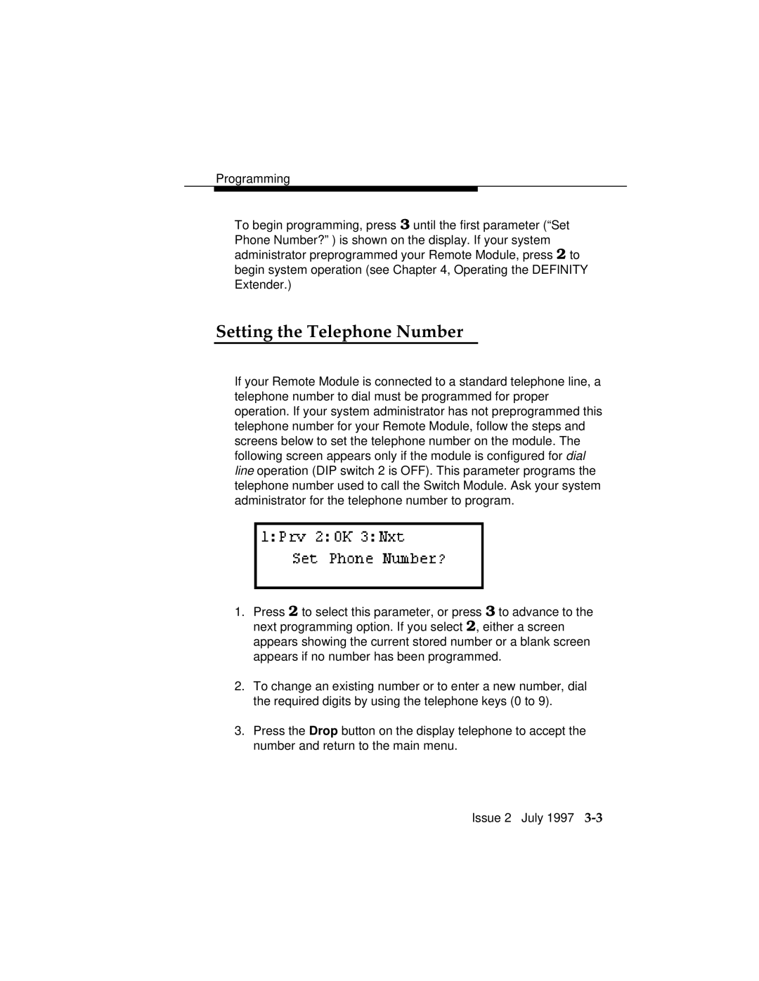 Lucent Technologies 555-230-796 manual Setting the Telephone Number 