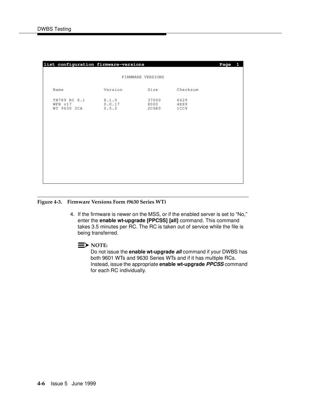 Lucent Technologies 555-232-102 manual Firmware Versions Form 9630 Series WT 