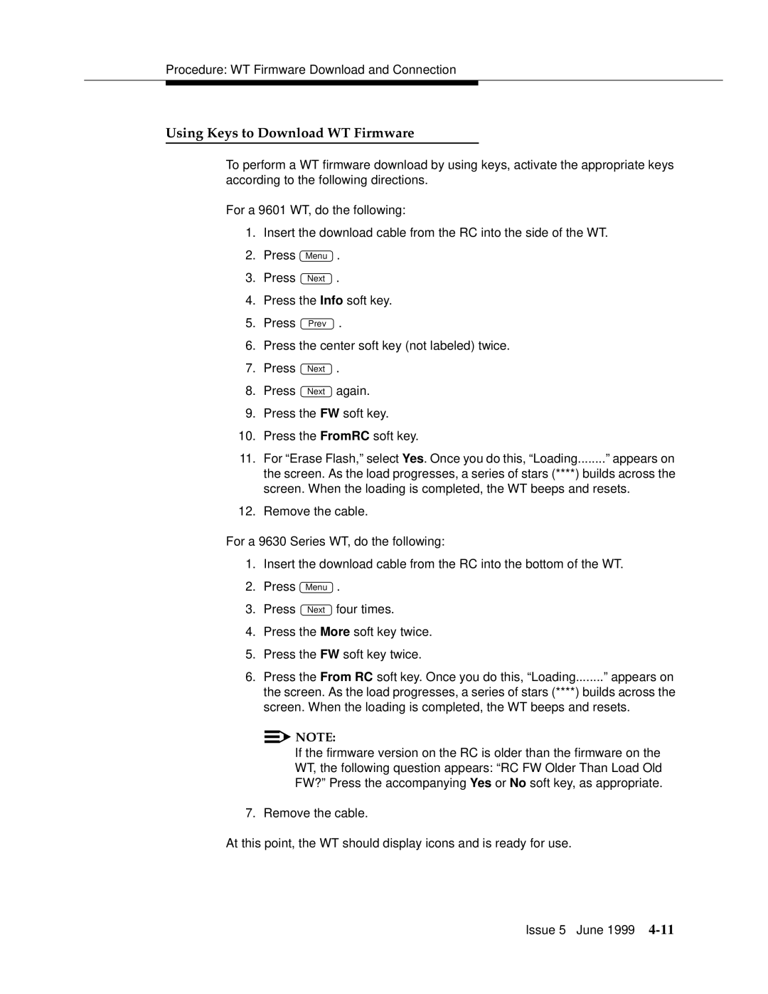 Lucent Technologies 555-232-102 manual Using Keys to Download WT Firmware 