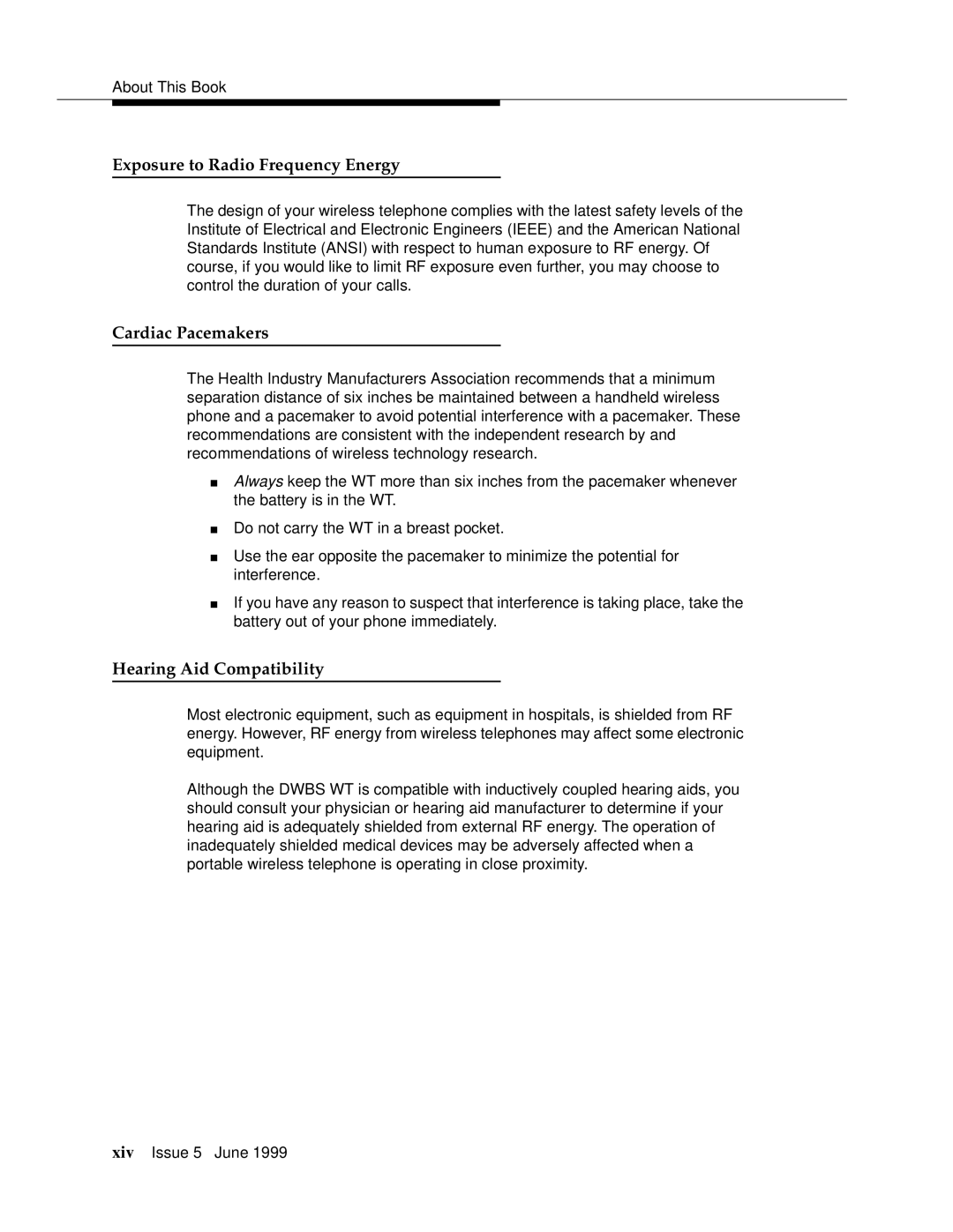 Lucent Technologies 555-232-102 manual Exposure to Radio Frequency Energy, Cardiac Pacemakers, Hearing Aid Compatibility 