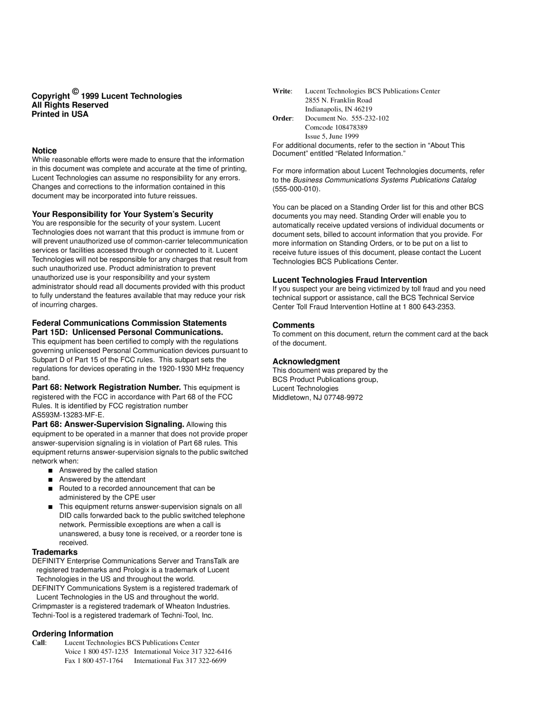 Lucent Technologies 555-232-102 manual Comments 