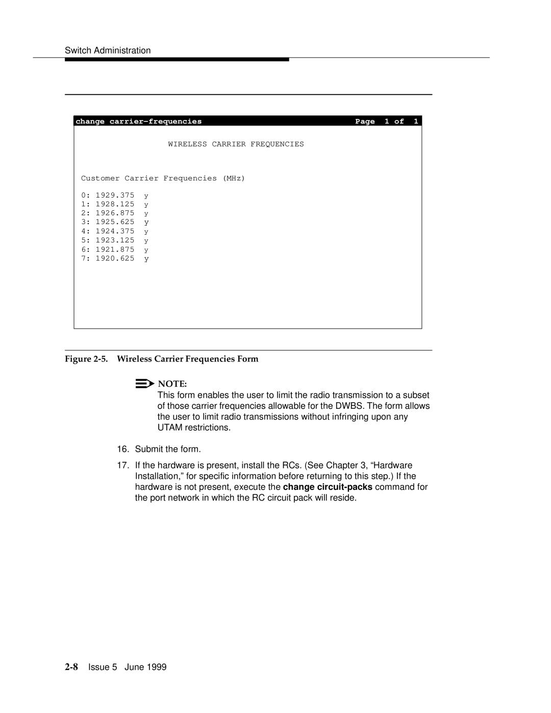 Lucent Technologies 555-232-102 manual Wireless Carrier Frequencies Form 