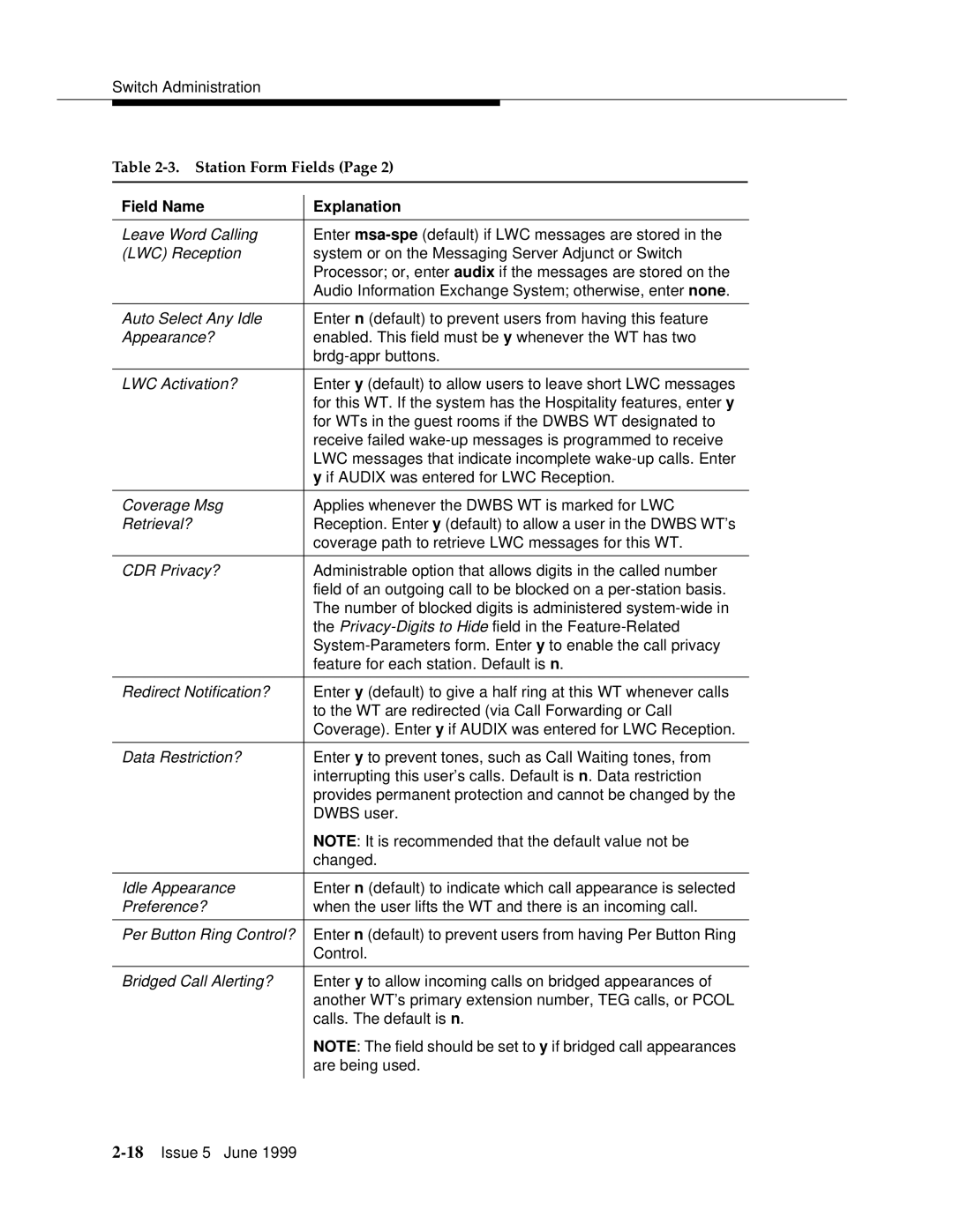 Lucent Technologies 555-232-102 manual Field Name Explanation 