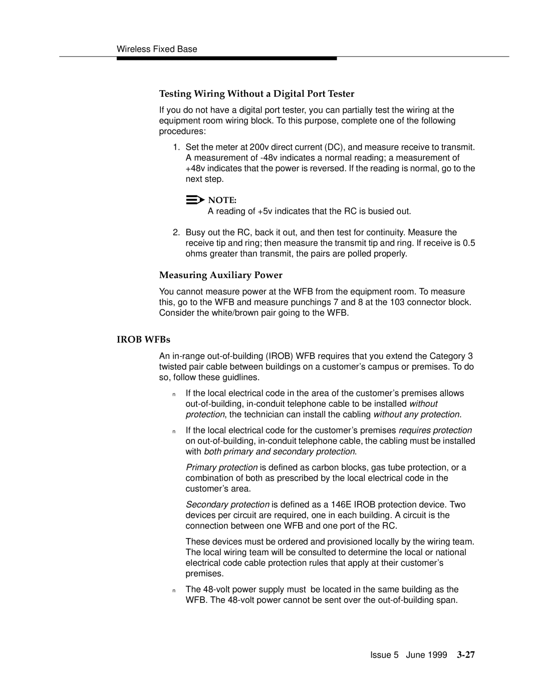 Lucent Technologies 555-232-102 manual Testing Wiring Without a Digital Port Tester, Measuring Auxiliary Power, Irob WFBs 