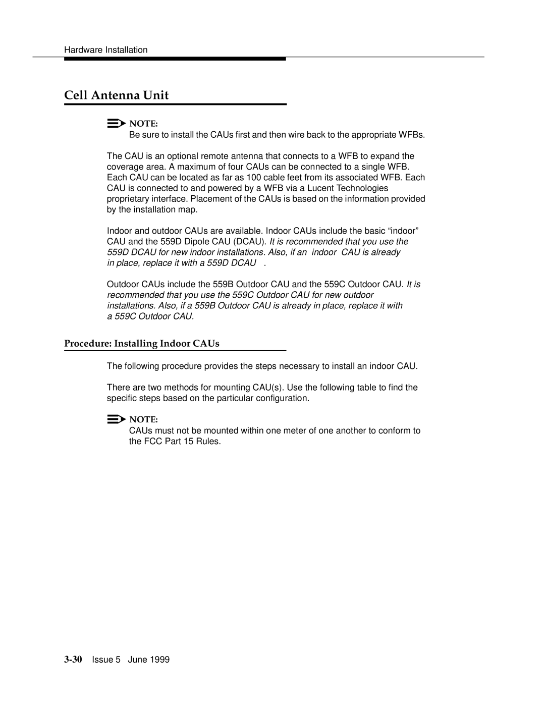 Lucent Technologies 555-232-102 manual Cell Antenna Unit, Procedure Installing Indoor CAUs 