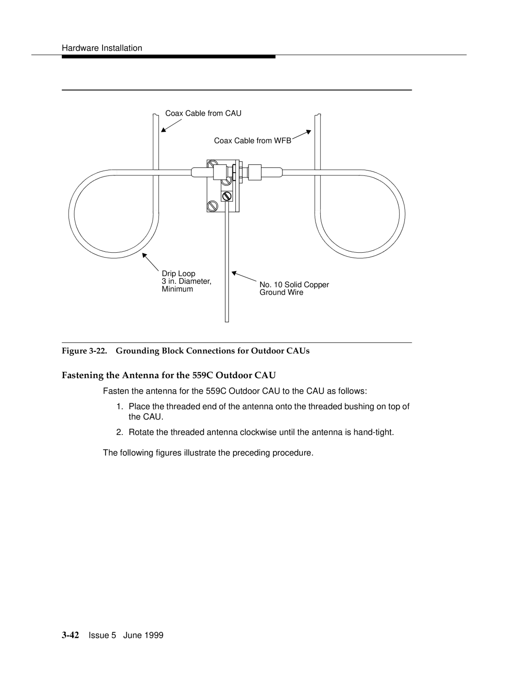 Lucent Technologies 555-232-102 manual Fastening the Antenna for the 559C Outdoor CAU 