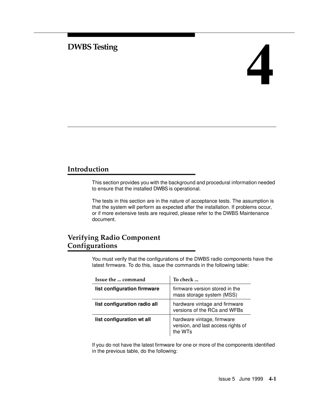 Lucent Technologies 555-232-102 manual Dwbs Testing, Verifying Radio Component Configurations 