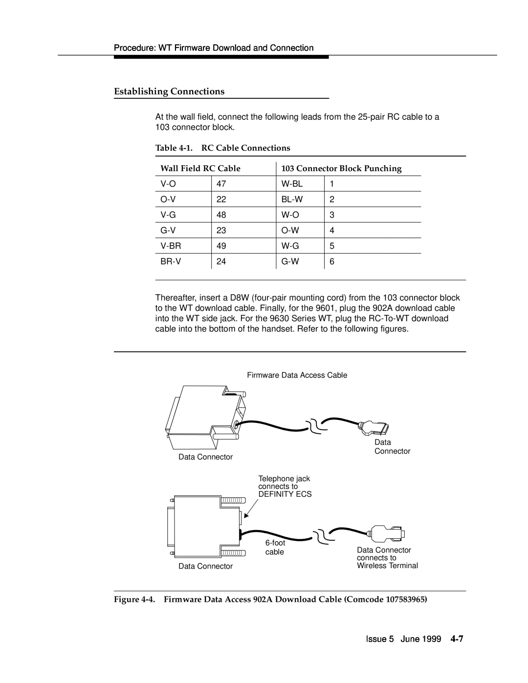 Lucent Technologies 555-232-102 manual Establishing Connections, 1. RC Cable Connections, Wall Field RC Cable 