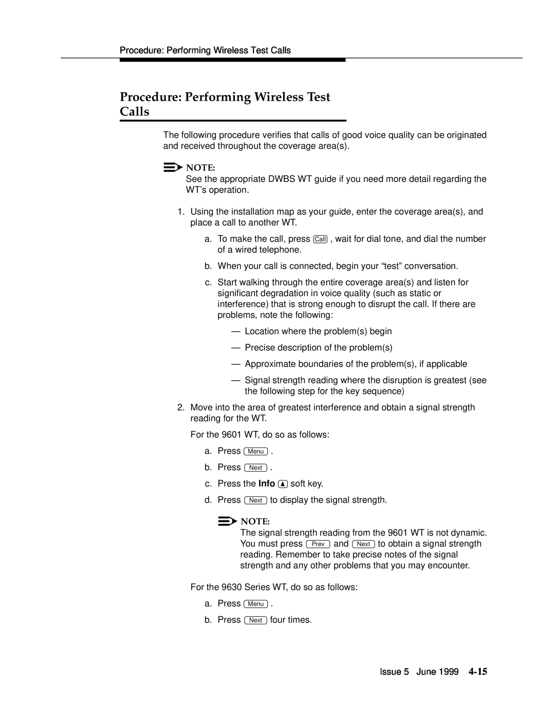 Lucent Technologies 555-232-102 manual Procedure Performing Wireless Test Calls 