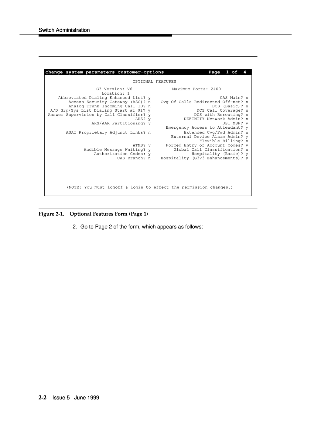 Lucent Technologies 555-232-102 manual 1. Optional Features Form Page, Switch Administration, Issue 5 June, Page 1 of 