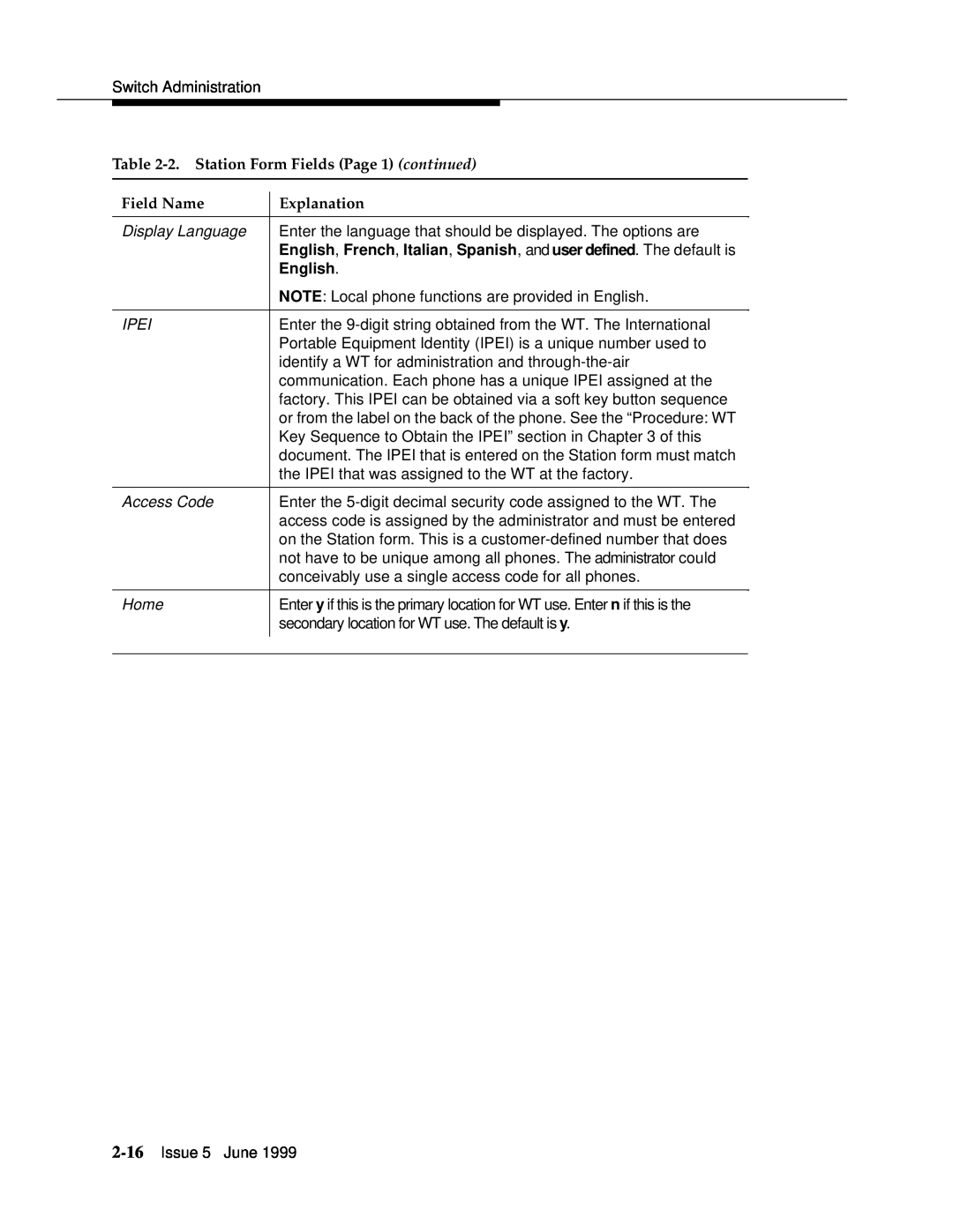 Lucent Technologies 555-232-102 manual 2. Station Form Fields Page 1 continued, English, Field Name, Explanation 