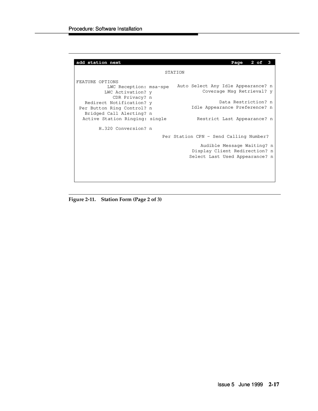 Lucent Technologies 555-232-102 11. Station Form, Procedure Software Installation, Issue 5 June 1999, add station next 