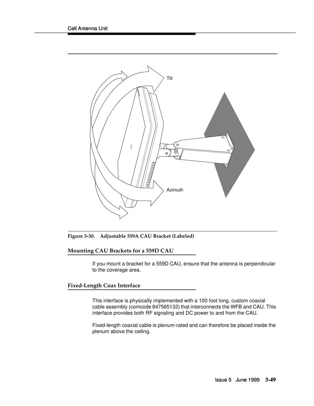 Lucent Technologies 555-232-102 manual Mounting CAU Brackets for a 559D CAU, Fixed-Length Coax Interface 