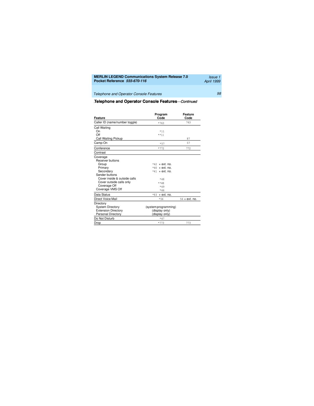 Lucent Technologies 555-670-116 Telephone and Operator Console Features-Continued, Issue, Pocket Reference, April, Program 