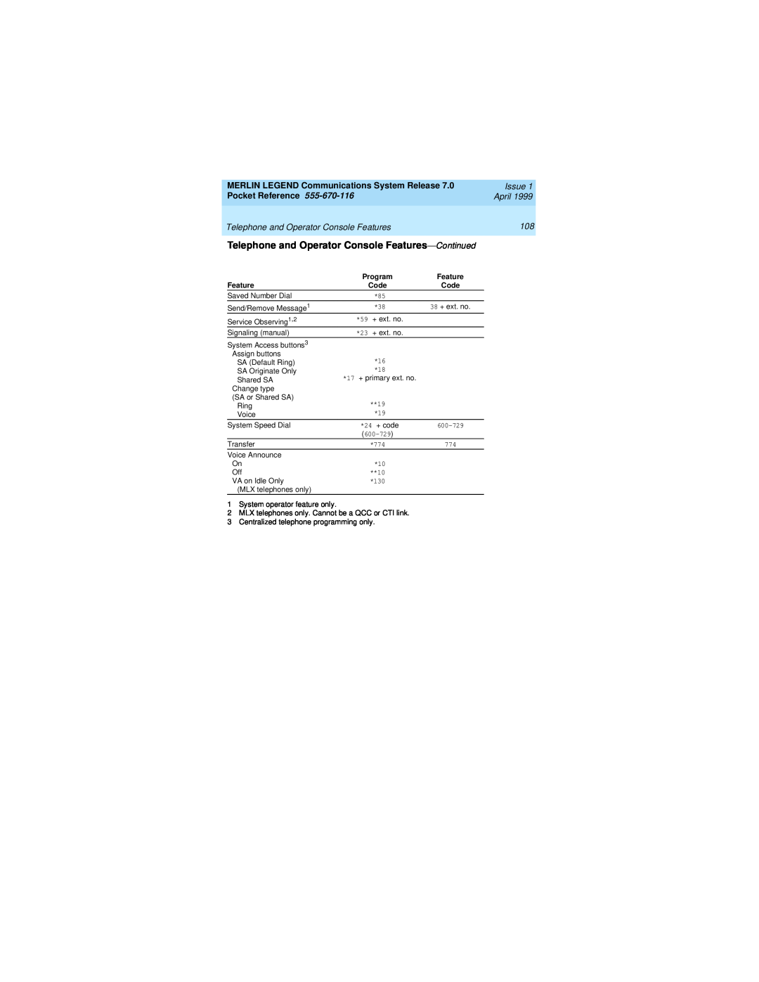 Lucent Technologies 555-670-116 Telephone and Operator Console Features-Continued, Issue, Pocket Reference, April, Program 