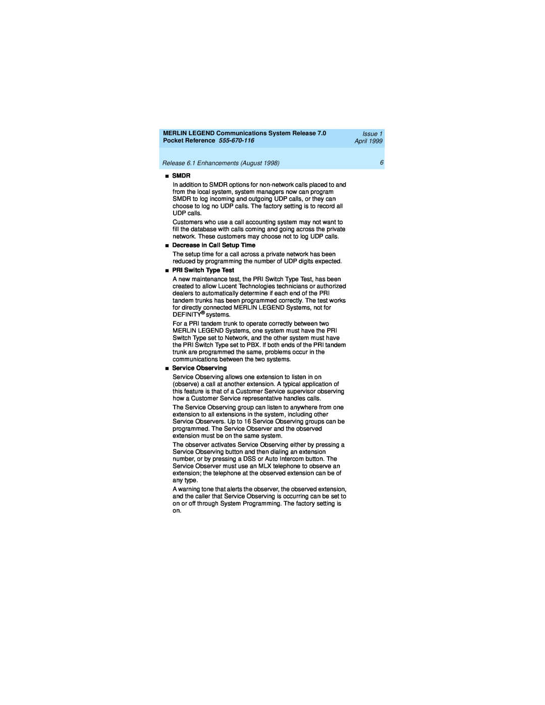 Lucent Technologies 555-670-116 manual MERLIN LEGEND Communications System Release, Issue, Pocket Reference, April, Smdr 