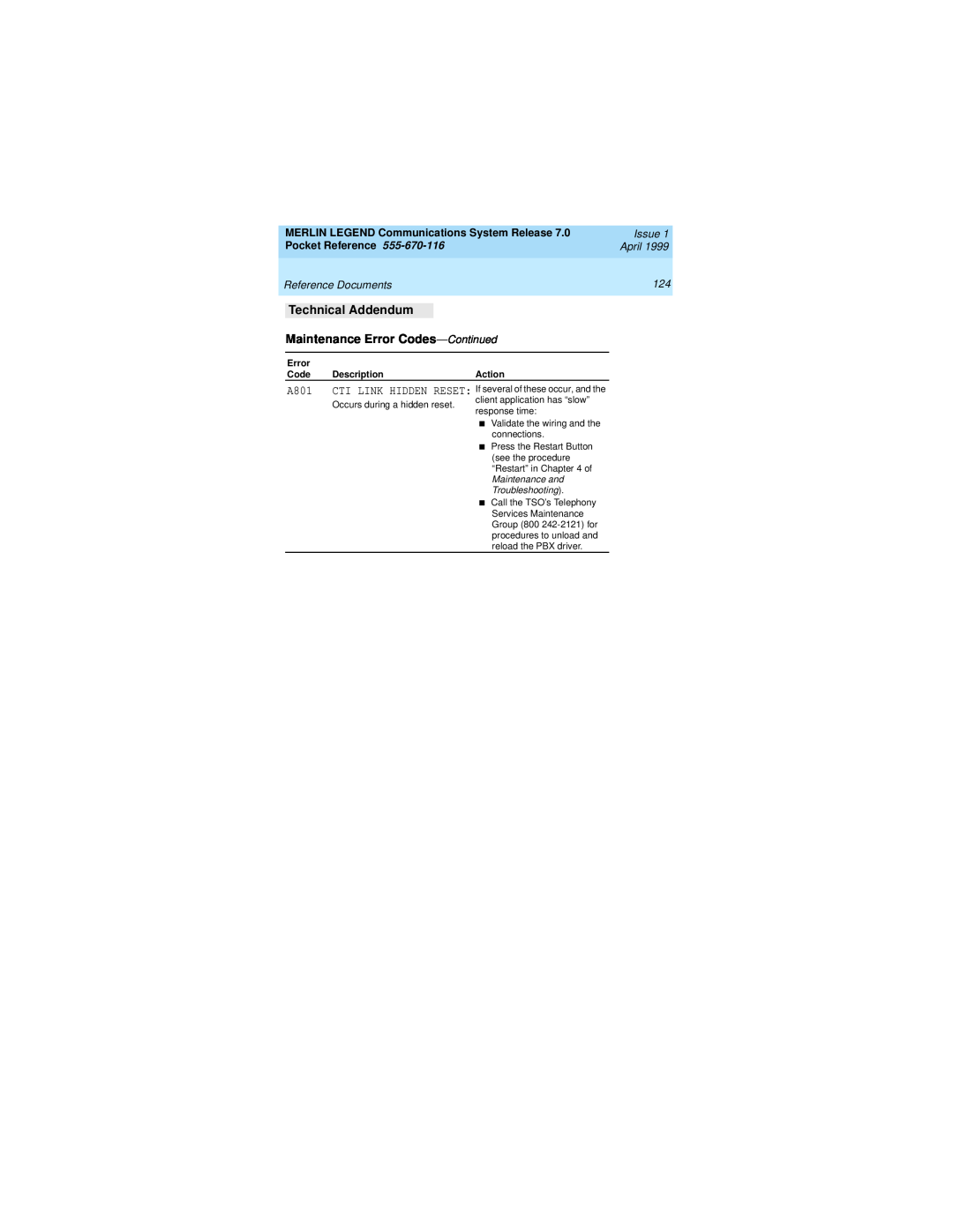 Lucent Technologies 555-670-116 Technical Addendum, Maintenance Error Codes-Continued, Issue, Pocket Reference, April 