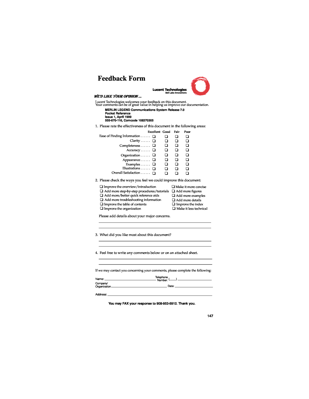 Lucent Technologies 555-670-116 manual Feedback/,.28523,1,21Form 