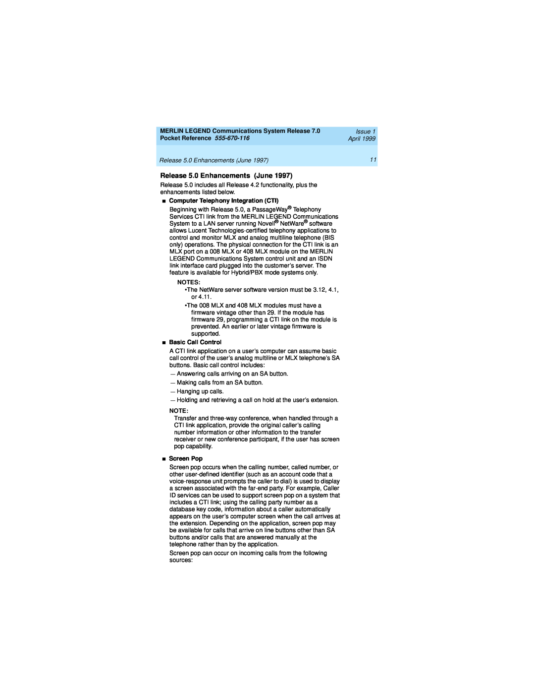 Lucent Technologies 555-670-116 Release 5.0 Enhancements June, MERLIN LEGEND Communications System Release, Issue, April 