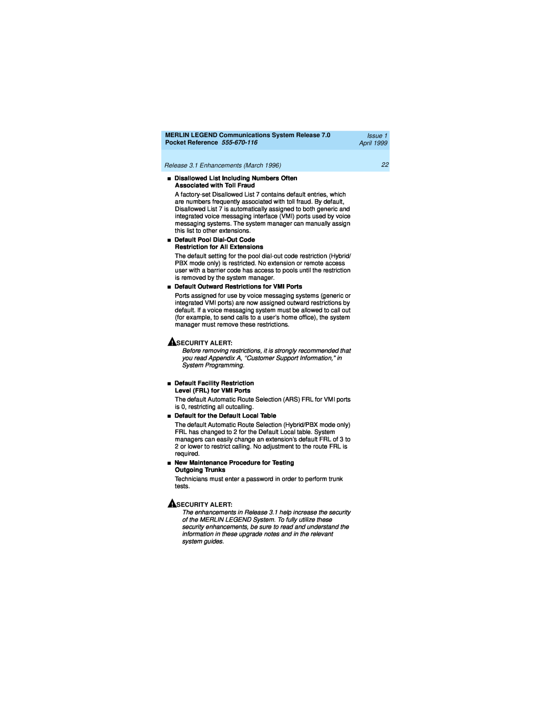 Lucent Technologies 555-670-116 manual MERLIN LEGEND Communications System Release, Issue, Pocket Reference, April 