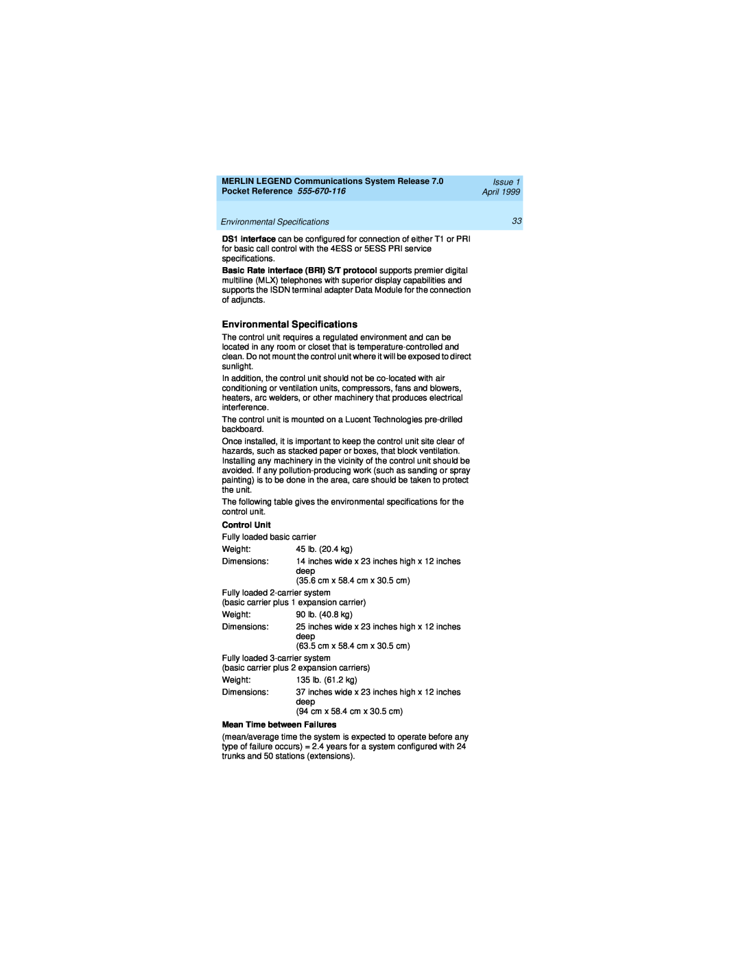 Lucent Technologies 555-670-116 Environmental Specifications, MERLIN LEGEND Communications System Release, Issue, April 