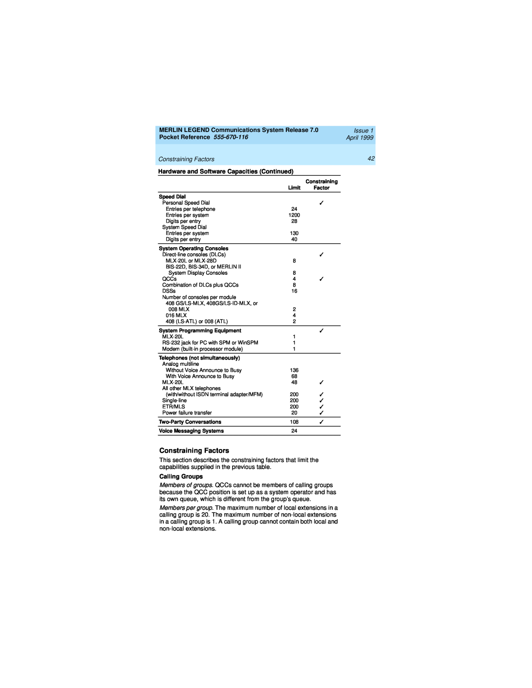 Lucent Technologies 555-670-116 Constraining Factors, MERLIN LEGEND Communications System Release, Issue, Pocket Reference 