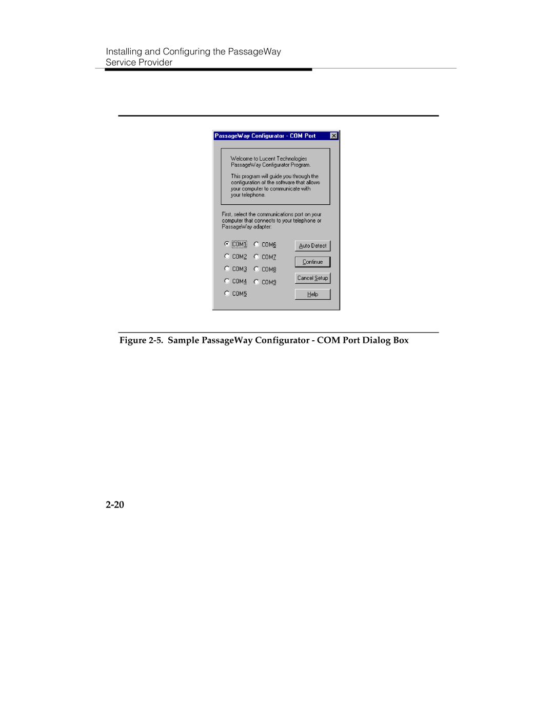 Lucent Technologies 560-201-113 manual Sample PassageWay Configurator COM Port Dialog Box 