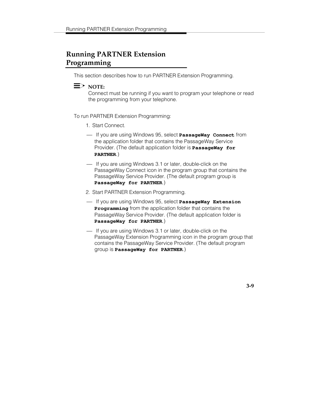 Lucent Technologies 560-201-113 manual Running Partner Extension Programming, PassageWay for Partner 