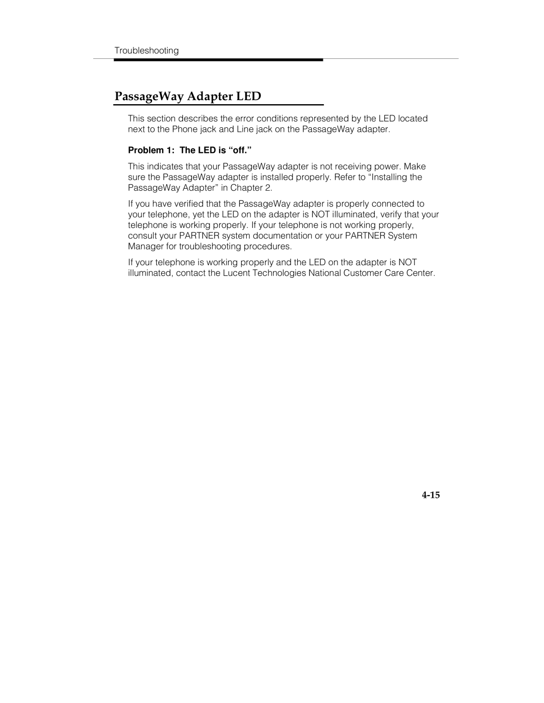 Lucent Technologies 560-201-113 manual PassageWay Adapter LED, Problem 1 The LED is off 