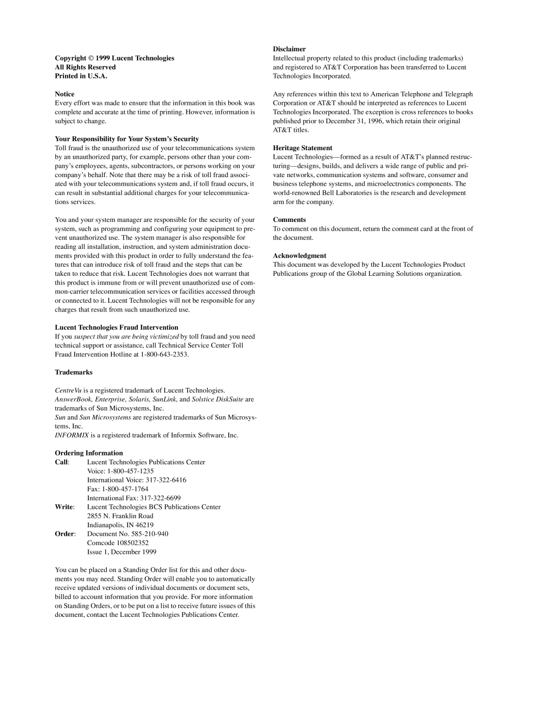 Lucent Technologies 585-210-940 manual Comments 