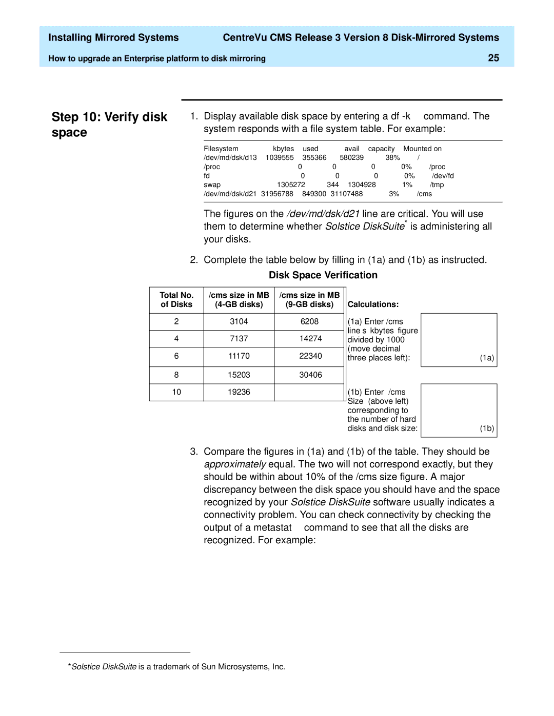 Lucent Technologies 585-210-940 manual Verify disk space, Disk Space Verification 