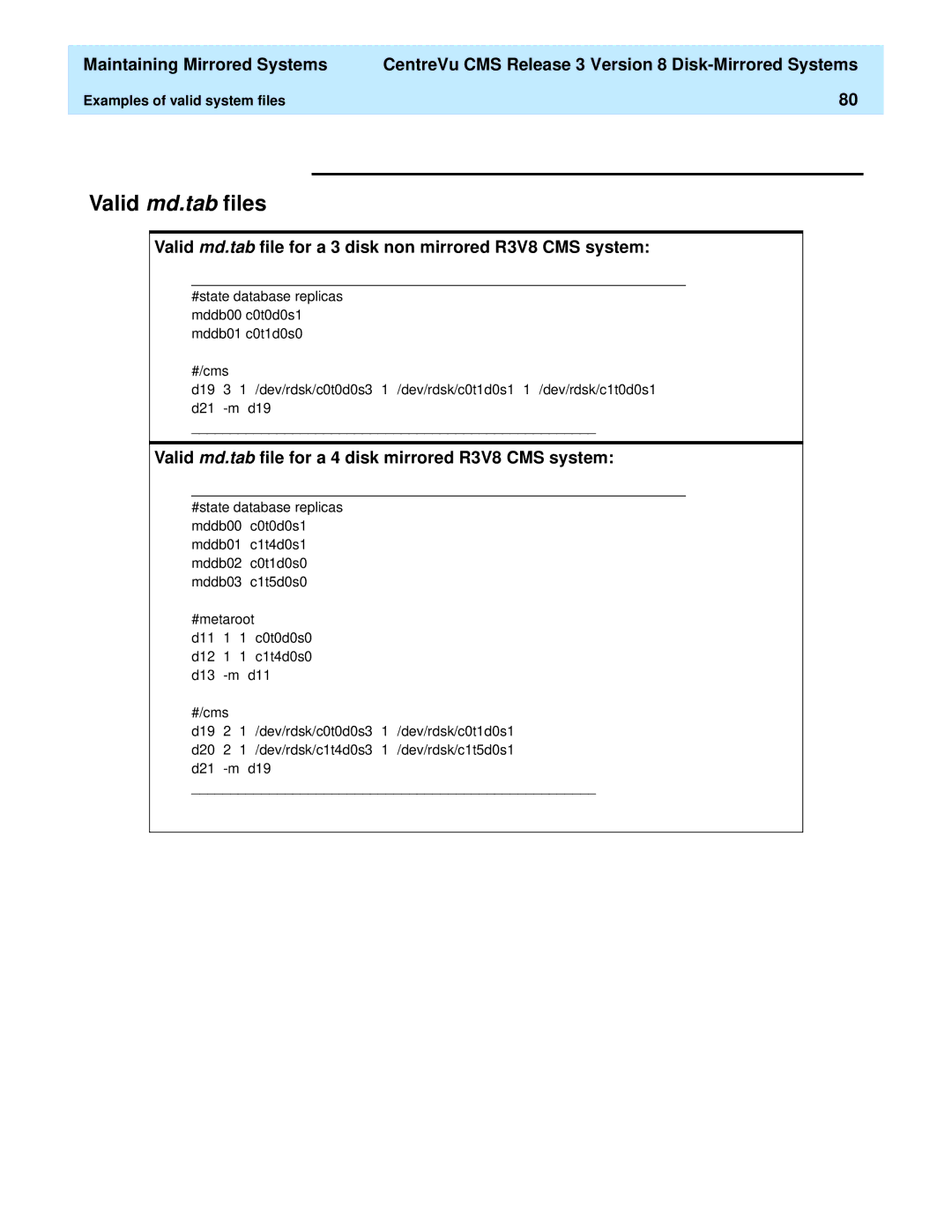 Lucent Technologies 585-210-940 manual Valid md.tab files, Valid md.tab file for a 3 disk non mirrored R3V8 CMS system 