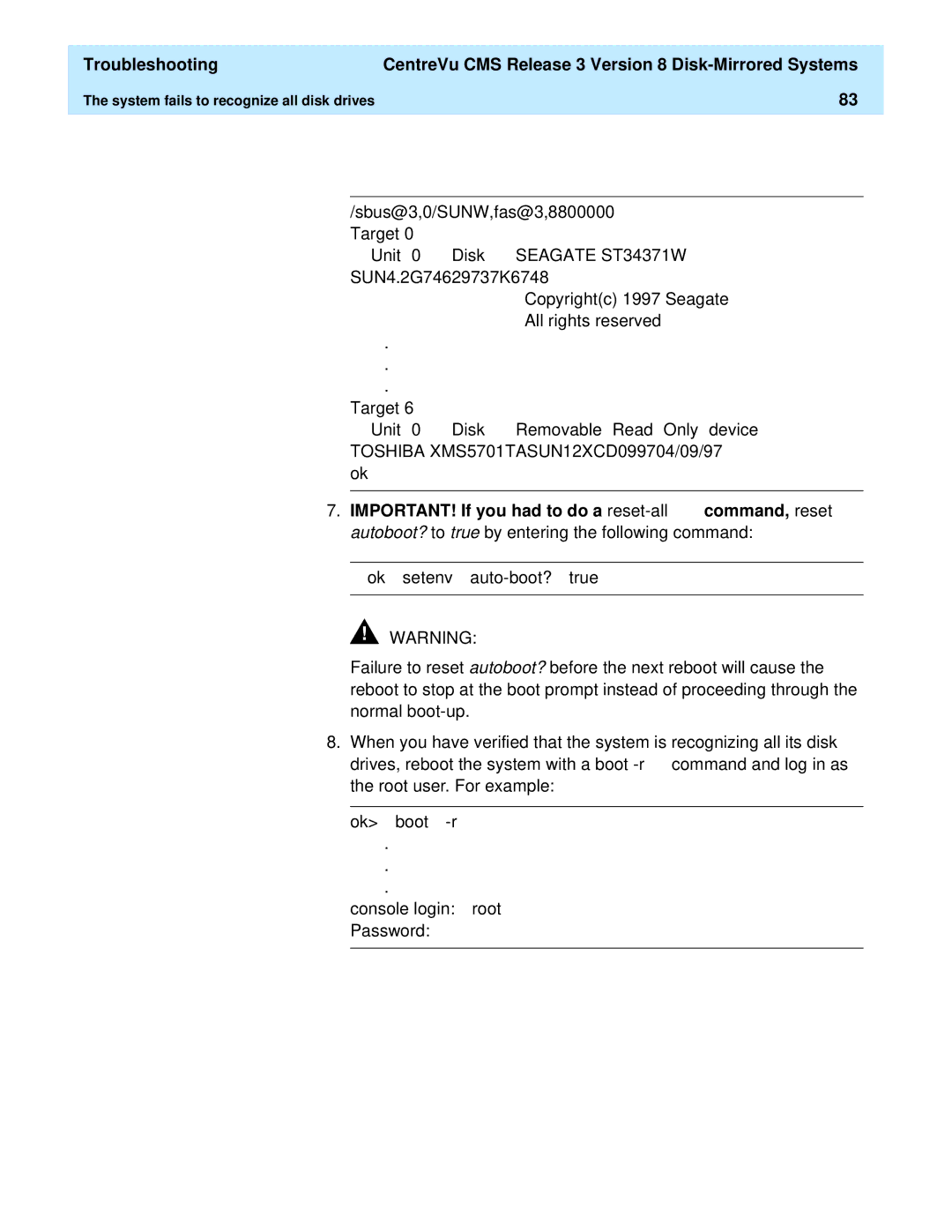 Lucent Technologies 585-210-940 manual Toshiba XMS5701TASUN12XCD099704/09/97, Ok setenv auto-boot? true 