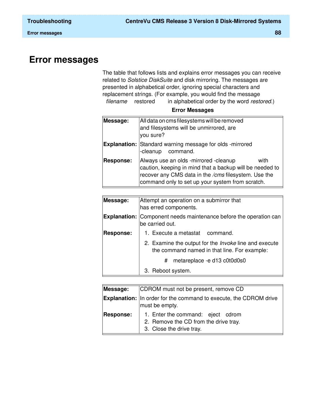 Lucent Technologies 585-210-940 manual Error messages, Error Messages Explanation Response, Message Explanation Response 