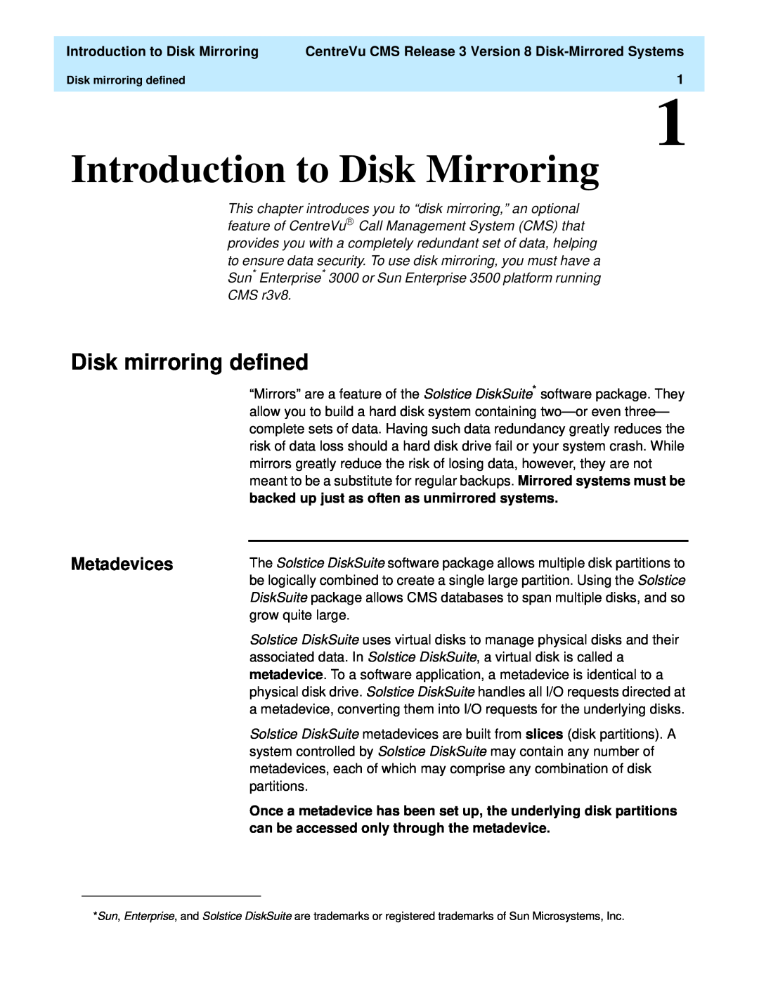 Lucent Technologies 585-210-940 manual Introduction to Disk Mirroring1, Disk mirroring defined, Metadevices 