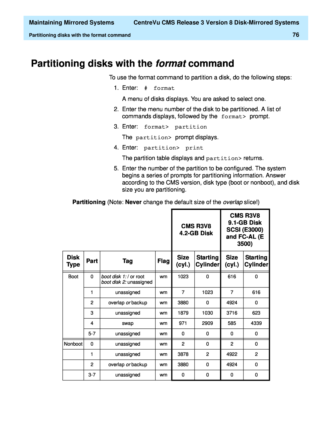 Lucent Technologies 585-210-940 manual Partitioning disks with the format command 