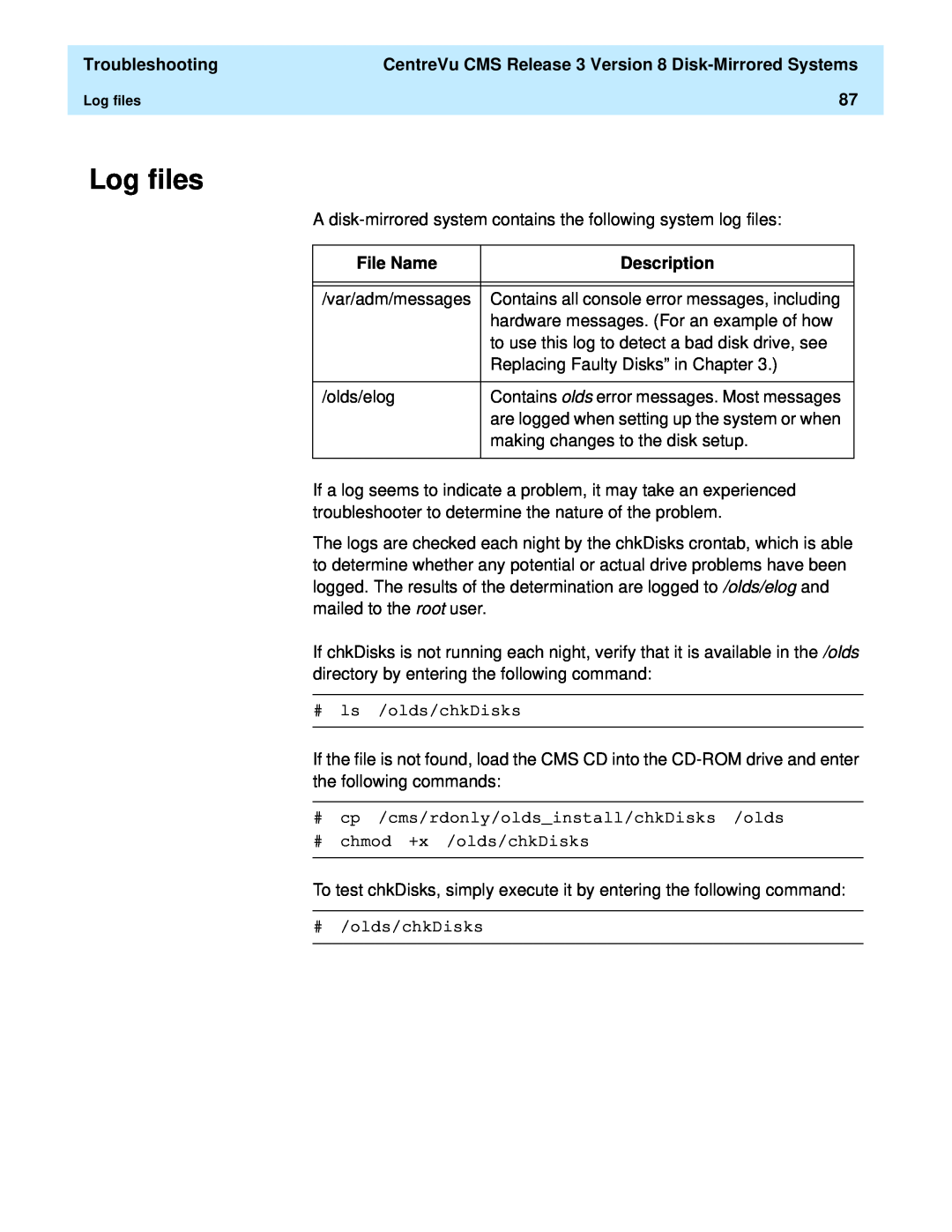 Lucent Technologies 585-210-940 manual Log files, Troubleshooting, File Name, Description 